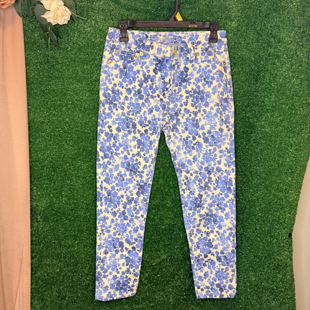 Michael Kors Blue White Floral Skinny Jeans Women's Size 4 Gold Hardware - Picture 5 of 7